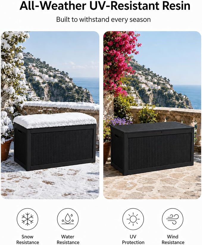 325 Gallon Extra Large Waterproof Deck Box, Heavy Duty Resin Outdoor Storage Box, Outside Storage Bench with Hydraulic Rod for Patio/Furniture Cushions/Garden Tools/Backyard/Pool Accessories, Black