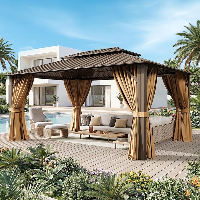 12x16FT Hardtop Gazebo with 72FT Solar String Lights, Metal Frame with Double Galvanized Steel Roof, Permanent Outdoor Pergola for Backyard, Patio, Lawn and Garden, Brown