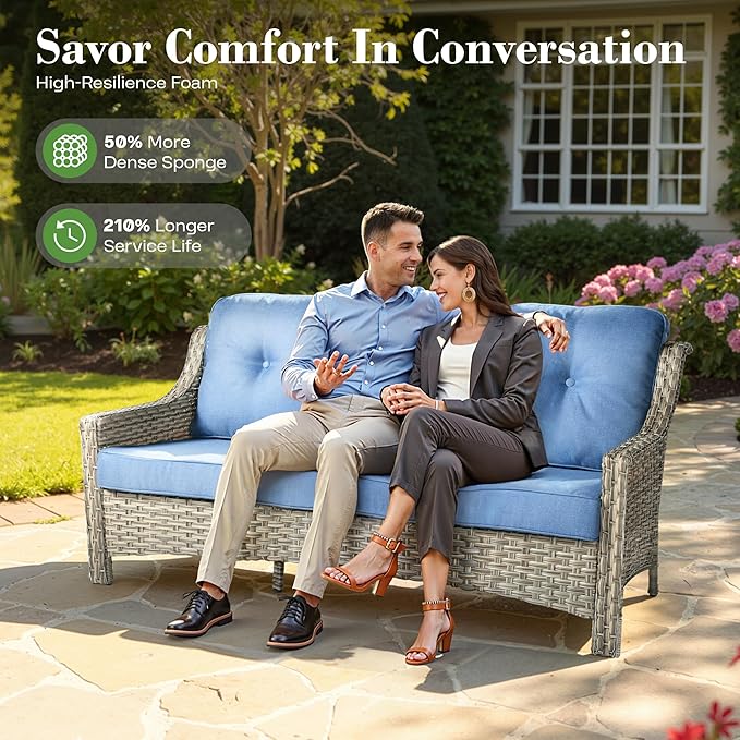 ovios 4 Piece Outdoor Patio Furniture with 3 Seat Sofa,Rattan Wicker Coversation Set with High Back,Sectional Single Sofa with Ottoman for Outside Porch Balcony Backyard Pool, Blue