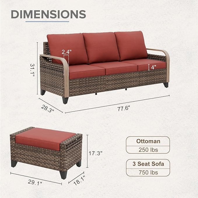 COOS BAY Modern Wicker Outdoor Furniture Set, 3 Piece Patio Conversation Set with a 3 Seat Couch and 2 Ottomans, 3 Piece, Brown/Red