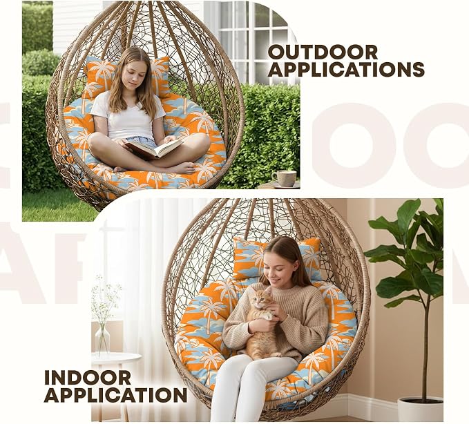 Outdoor 45" Round Egg Chair Cushion Replacement Waterproof Orange Tree | Thicken Pad with Headrest Pillow, Hanging Swing Wicker Egg Chair Cushions, Suitable for Garden Office