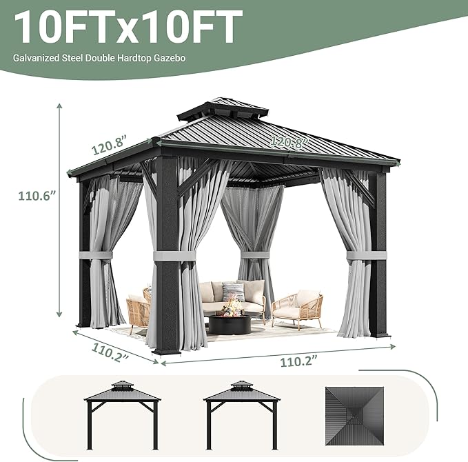 AirWire 10'x10' Outdoor Gazebo Hardtop Grill Gazebo Aluminum Galvanized Steel Double Roof Outdoor Pergola Include Curtain and Netting for Backyard, Patio, Lawn