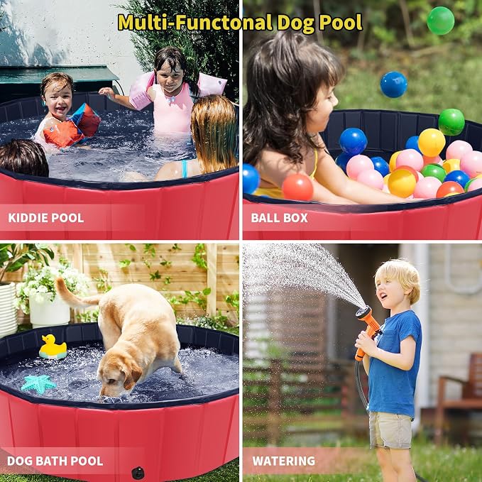 CACSPS Foldable Dog Pool, 79" x 14" Large Kiddie Pool with Hard Plastic, Non-Slip Dog Bath Tub for Outdoor Backyard, Collapsible Dog Swimming Pool for Kids Dogs Pets (Red)