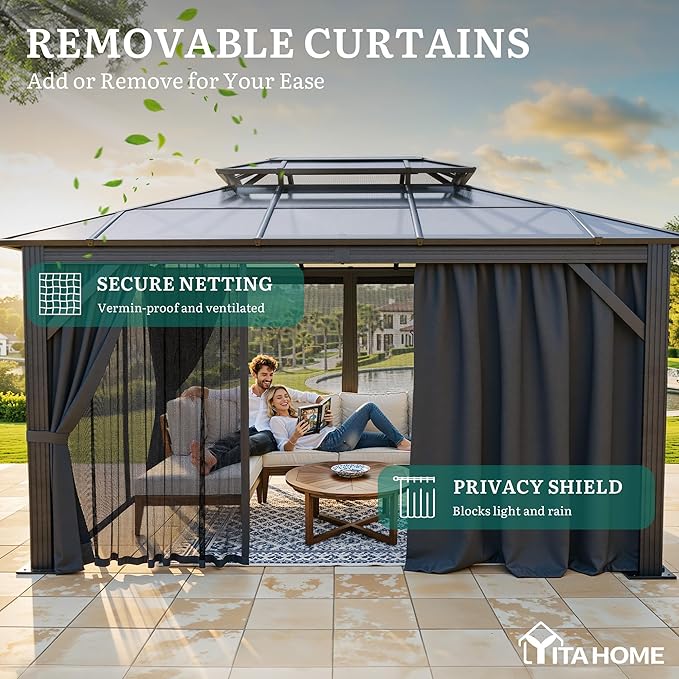 YITAHOME 10X12FT Polycarbonate Gazebo Outdoor Patio Double Top Canopy Galvanized Iron Aluminum Column Garden Tent Curtains Netting for Backyards Decks Lawns,Gray