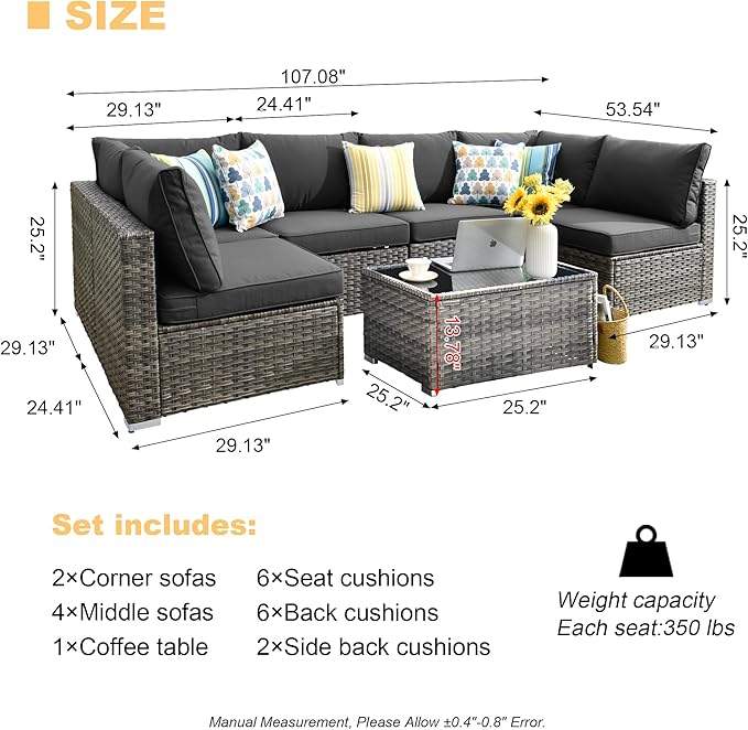 HOOOWOOO Patio Outdoor Sectional Furniture Sofa Set,7 Piece U Shaped Corner Wicker Rattan Couch Set,Rustic 6 Persons Summer Patio Conversation Set for Outside Porch Deck Garden(Black)