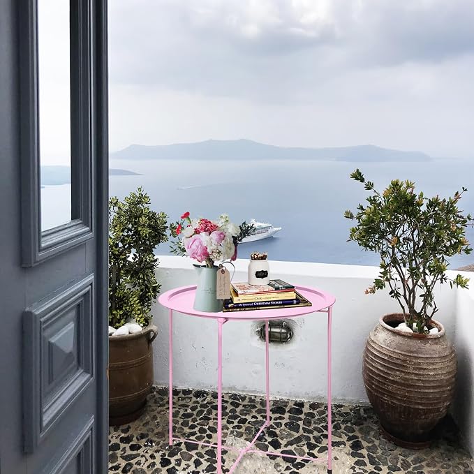 Garden 4 you End Table 2 PCS Metal Side Table Pink Round Folding Tray Cyan Sofa Small Accent Fold-able Table, Round End Table Tray, Next to Sofa Table, Snack Table for Living Room and Bed Room