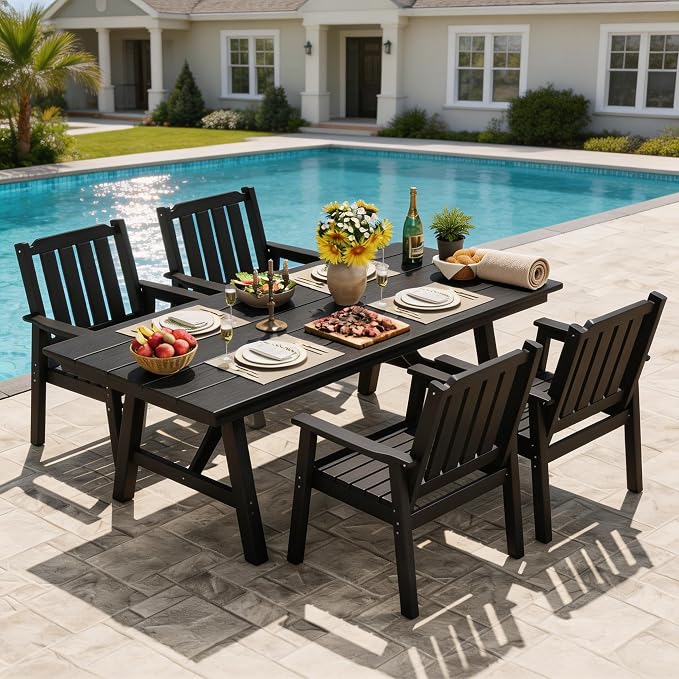 Takywep 23.9” Wide HDPE Patio Dining Chairs Set of 2, 650LBS Capacity All-Weather Yard Armchair with Slatted Seat, Heavy Duty Modern Backyard Furniture for Garden, Poolside, Deck, Black