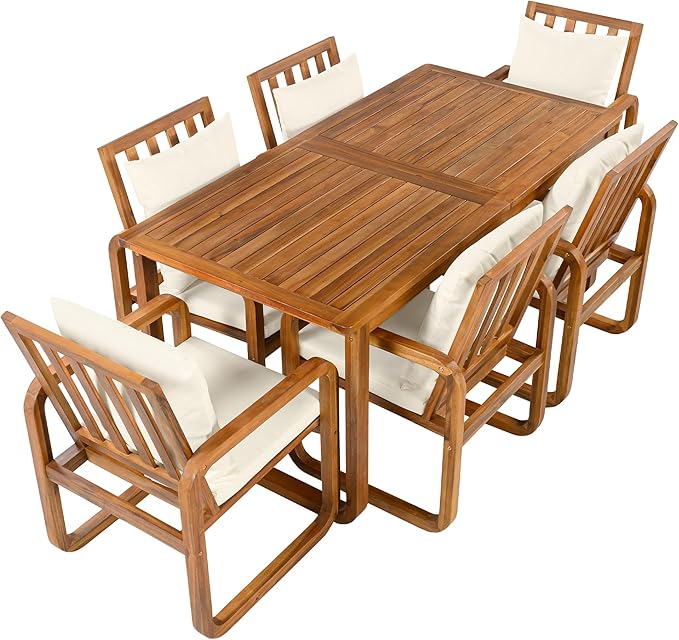 Merax 7 Pieces Patio Dining Set, Outdoor Acacia Wood Furniture for 6, with Table and Removable Cushioned Chairs for Backyard, Beige