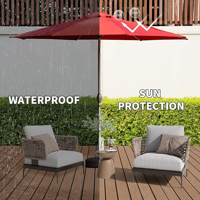 Domi 9FT Patio Umbrella, Outdoor Table Umbrella with Aluminum Pole, UV Protection Waterproof Market Sun Umbrella with Push Button Tilt and Crank for Garden, Deck, Backyard, Pool (Brick Red)