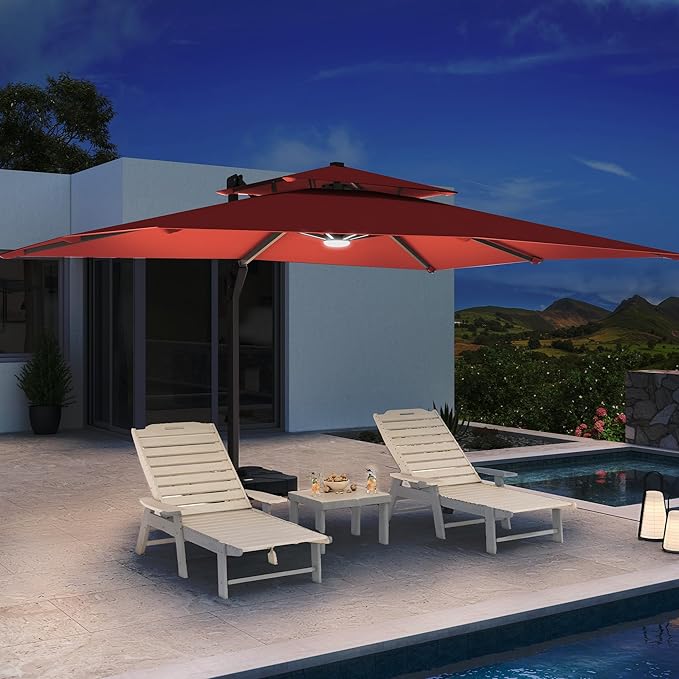 10 X 13 FT Cantilever Patio Umbrella with LED Lights Outdoor Heavy Duty Double Top Windproof Rectangle Offset Umbrellas with 360-degree Rotation for Pool Deck Backyard, Wine Red