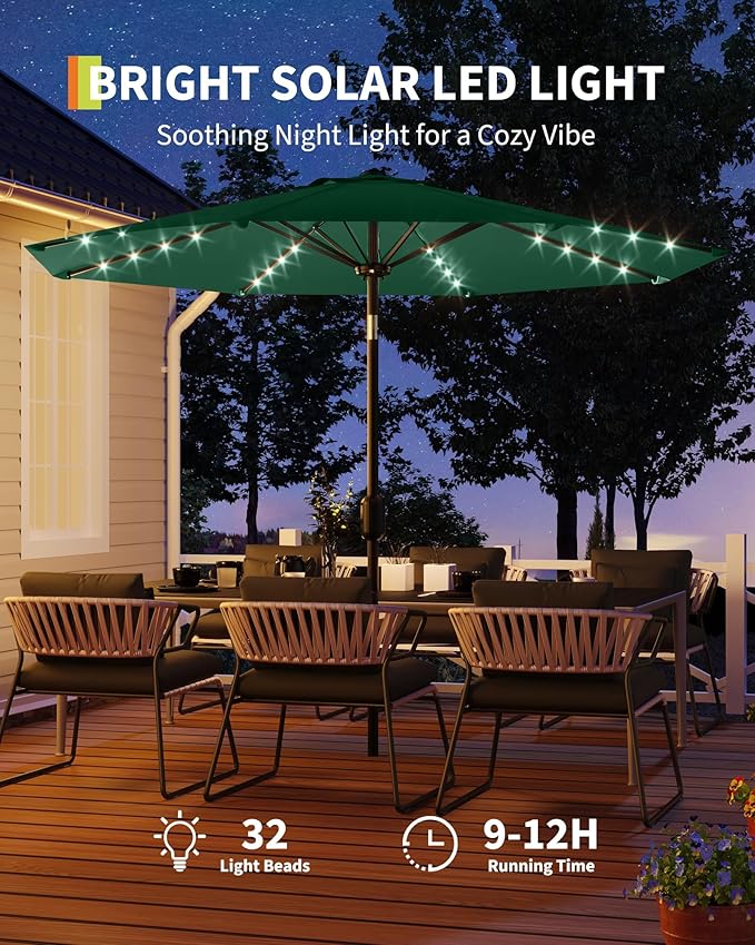 9FT Outdoor Patio Umbrella, 8 Ribs Market Table Umbrella with Solar Light & Tilt & Crank, UV-Resistant Waterproof for Pool, Deck, Backyard, Dark Green