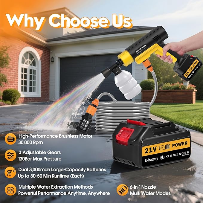Cordless Pressure Washer, 1885PSI Handheld Portable power Washer, Battery Power Pressure Washer with Brushless Motor, 3.0Ah Dual Batteries &Charger, 6 in 1 Nozzle, 3 Speed Modes, for Car Yard Cleaning