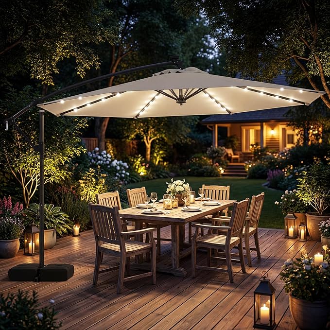 Tangkula 10ft Solar Patio Umbrella with Base Included, Offset Cantilever Outdoor Umbrella with 32 LED Lights, 360 Degree Rotation, Crank Handle for Pool Deck Garden Backyard (Beige)