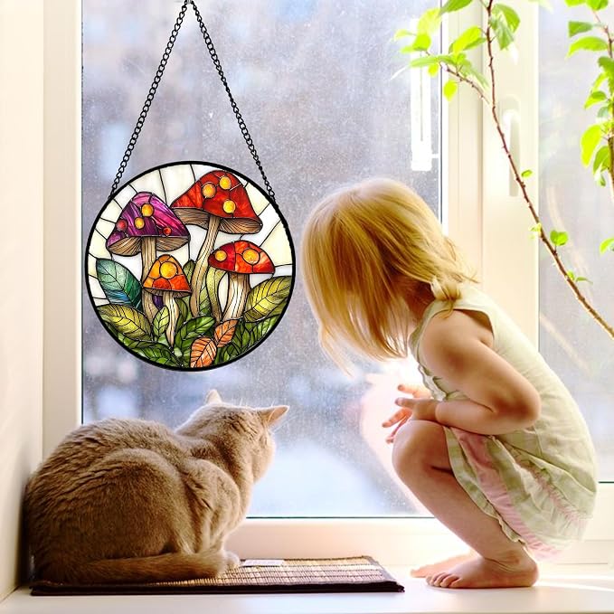 DASTOLL Stained Glass Window Hanging, Mushroom Leaves Suncatcher for Doors Home Sun Catchers Decoration and Christmas, Mother's Day Birthday Gifts for Women, Men, and Mom 7.8 in