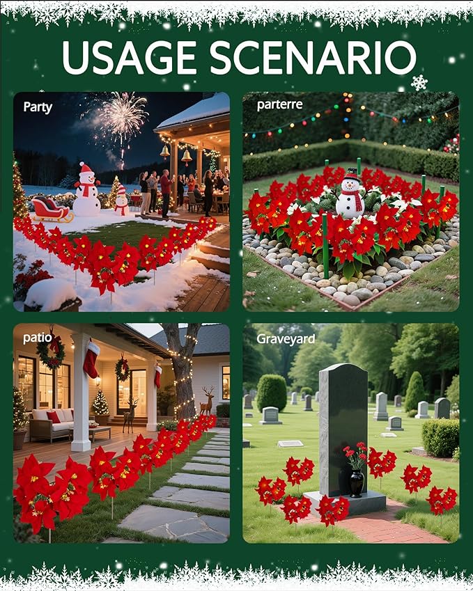 Solar Christmas Flower Lights-IP65 Waterproof XS Pathway Lights,Outdoor Christmas Decorations with 7 Bouquets/1 Stake,Unique Flower Design Complement the Christmas Trees for Garden/Yard/Patio,4 Packs