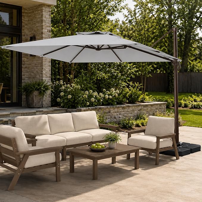 10FT Cantilever Patio Umbrella with Solar Lights, Large Outdoor 2 Tier Aluminum Offset Square Umbrellas 360 Degree Rotation for Garden Deck Pool