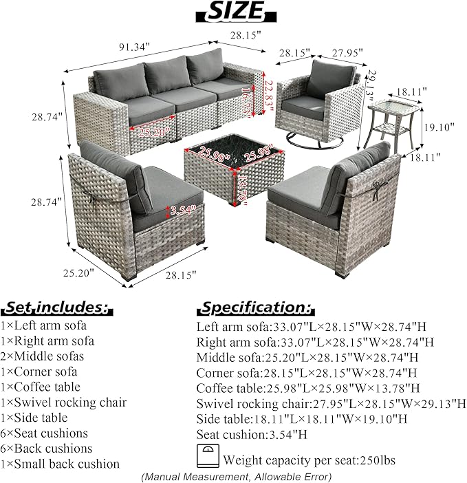 HOOOWOOO Outdoor Patio Sectional Furniture Sofa Set with Swivel Rocking Chair,8 Piece Modern Wicker Couch with Widened Armrest,Modular Conversation Seating Set for Out Door Garden(Black)