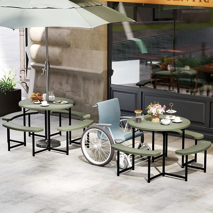 Tangkula 8 Person Picnic Table, HDPE Outdoor Round Table and Bench Set with 4 Built-in Benches, Umbrella Hole, Metal Frame for Garden Yard Patio Lawn