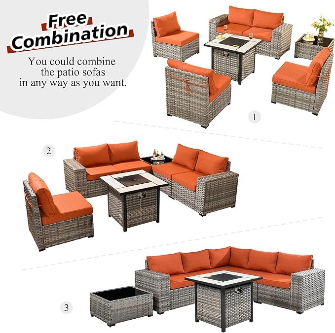 HOOOWOOO Outdoor Patio Sectional Furniture Sofa Set with Propane Gas Fire Pit Table,7 Piece Small Modern Wicker Couch with Widened Armrest,Modular Conversation Seating Set for Out Door(Orange Red)
