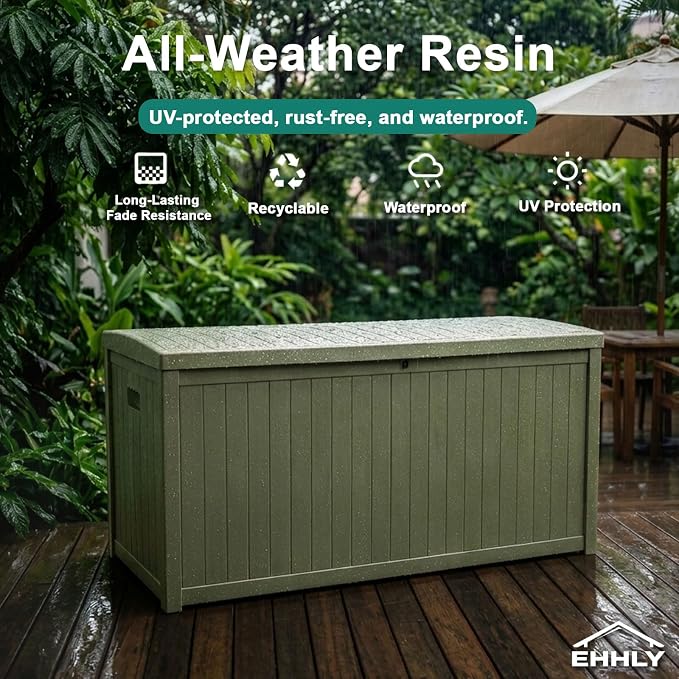 EHHLY Outdoor Storage Box Large-120 Gallon Deck Box with Hydraulic Pistons&Lockable Secure, Waterproof Resin Package Delivery Box for Outside Porch, Curbside, Patio, Home
