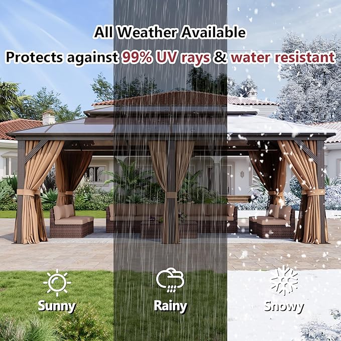 12’x20’ Hardtop Gazebo with Double Polycarbonate Roof Outdoor Metal Gazebo Sturdy Aluminum Frame & Removable Curtains, Netting Permanent Pavilion Pergola for Garden,Patio,Lawn (Brown)