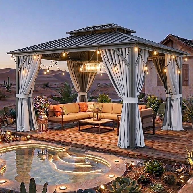 10x12FT Hardtop Gazebo, Metal Frame with Double Galvanized Steel Roof, Permanent Outdoor Pergola with Curtains and Netting Included for Backyard, Patio, Lawn and Garden, Gray