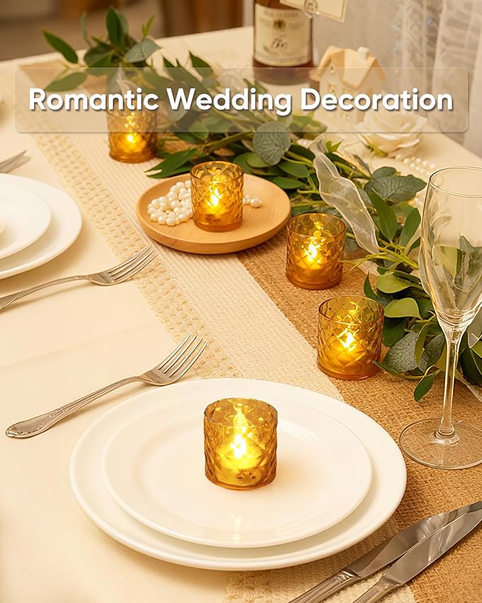 Homemory 2" x 2" Acrylic Votive Candle Holders with Auto Timer Flameless Led Tealight, Battery Powered Fake Electric Candles for Wedding Centerpiece, Table, Christmas Decor (6Pack, Gold Base)