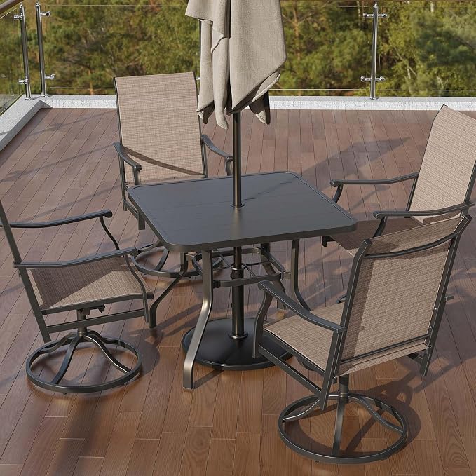 HRVEOCEI 35" Outdoor Square Table with Umbrella Hole, Metal Patio Dining Tables for Lawn Garden, Wood-Like Grain Bistro Table Outdoor for Backyard,Poolside,Deck,Por (Black, Square)