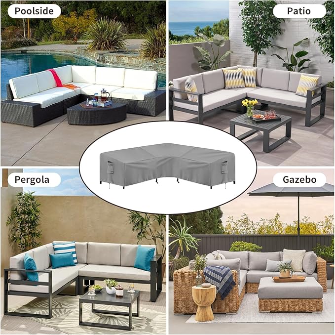 PureFit Outdoor Sectional Sofa Cover Waterproof V Shaped Patio Furniture Covers for Deck, Lawn and Backyard, 89”x89”, Gray