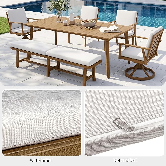 3-Person Outdoor Bench with Detachable Cushion, 76.3" Long Porch Bench Rust-Free Aluminum Garden Bench, Indoor Outdoor Dining Bench for Backyard, Poolside, Porch, Teak