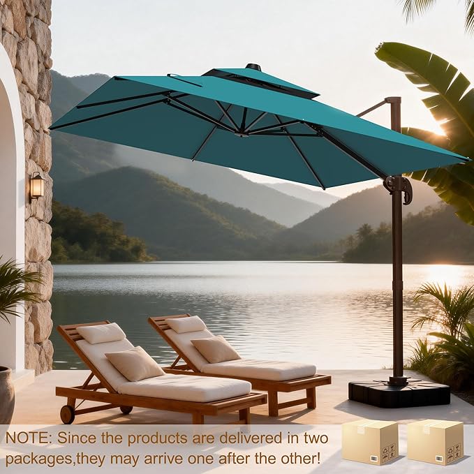 10x10Ft Patio Umbrella Outdoor Cantilever Rectangle Umbrella with Base Included, 6-Level Tilt & 360° Rotation Offset Umbrella for Garden, Deck, Pool(Turquoise)