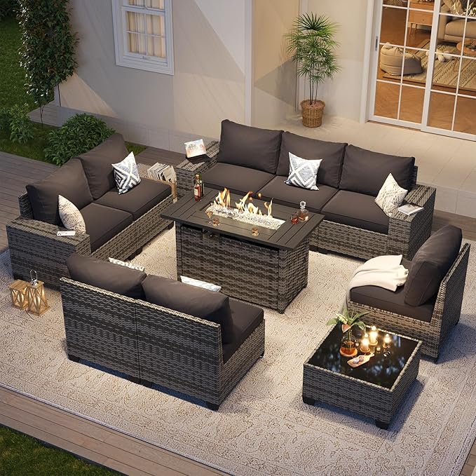 Aoxun Patio Furniture Sets with 44'' Fire Pit, 10 Pcs Outdoor Patio Coversation Set with 4'' Thicken Cushion, Widen Armrests Wicker Outdoor Sectional for Backyard (Include Waterproof Cover)