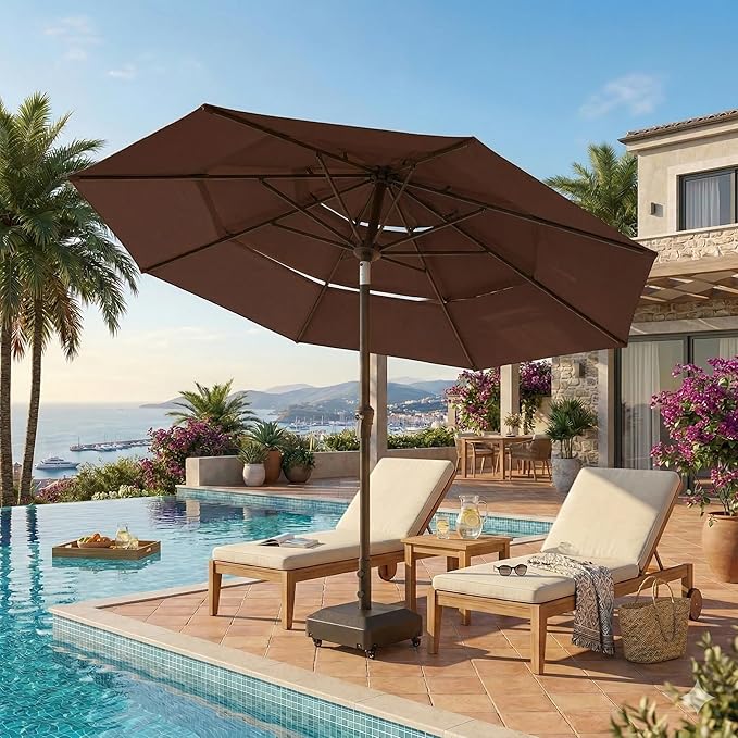 10ft Patio Umbrella, 3 Tier Outdoor Market Table Umbrellas with 8 Fiberglass Ribs and Push Button Tilt, Windproof, Vented Canopy, UV Protection for Deck, Pool, Backyard
