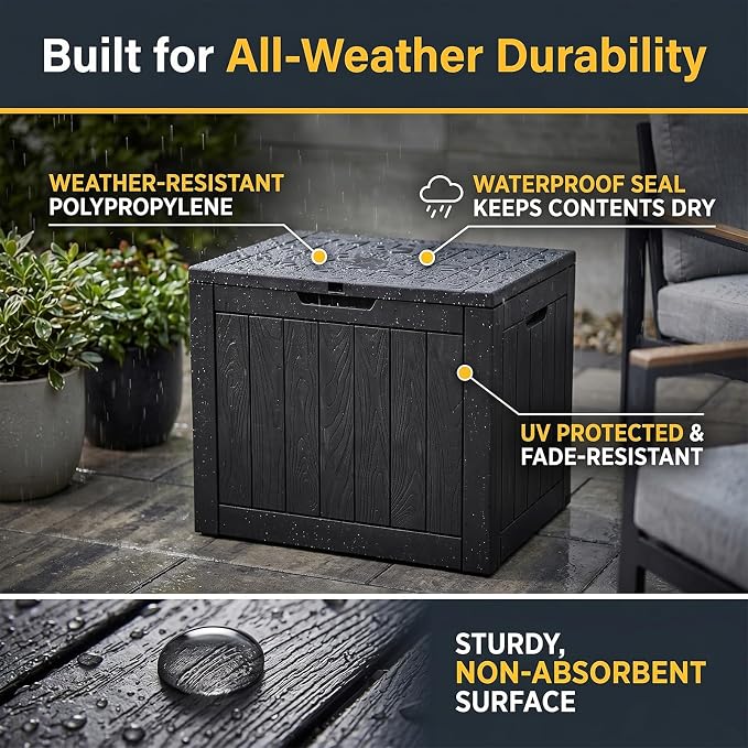 31 Gal Resin Deck Box, Outdoor Storage Bench Side Table for Patio Cushion | Versatile outdoor storage: Organizes single yard mats, pool accessories, garden hoses, or front porch parcels.