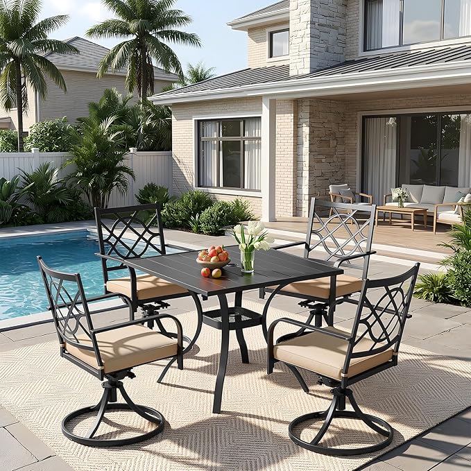 5 Piece Patio Dining Set Outdoor Furniture Set, Square Metal Patio Dining Table with Umbrella Hole & 4 Swivel Dining Chairs for Garden Lawn Yard