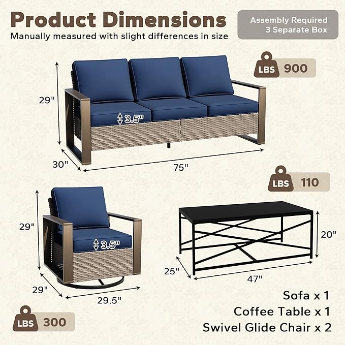 4 Pieces Patio Furniture Set with Wicker 75" Sofa, Two Swivel Rocker Chairs, One Coffee Table, Outdoor Conversation Furniture Set with Metal Armrest & Removable Cushions for Deck, Dark Blue