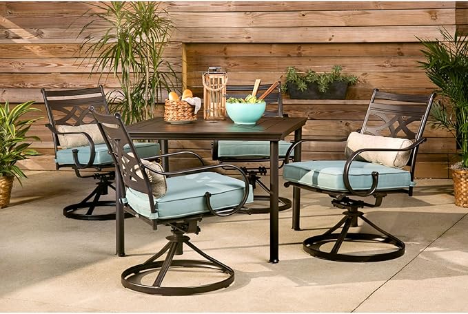 Hanover Montclair 5-Piece Outdoor Dining Set with Stamped Steel Square Dining Table and 4 Swivel Rocker Chairs with Cushions, Weather-Resistant Patio Dining Set for 4, Patio, Backyard, Deck