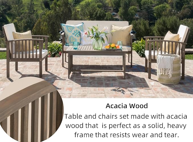 Merax 4 Piece Patio Conversation Table and Chairs Furniture Sets, Acacia Wood Outdoor Dining Couch Sofa for Porch Deck Backyard Lawn Balcony Bistro, Grey+Cream