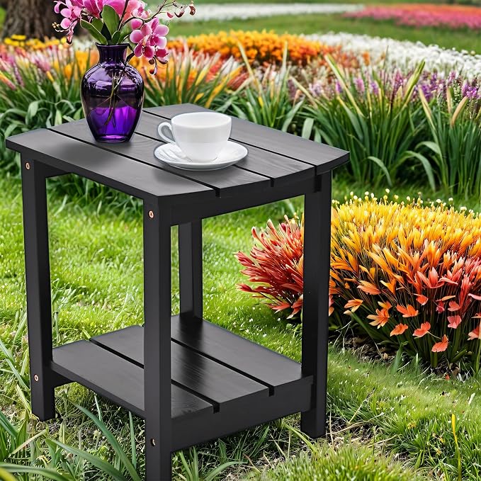 Outdoor Side Table, 2-Tier Small Outdoor Table for Patio, Adirondack Side Tables for Outside or Indoor (Black, 18 * 14 * 18.5)
