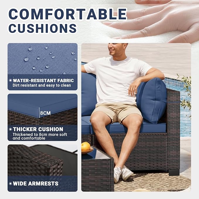 CHABATREE 7-Piece Outdoor Patio Furniture Sets, Manual Weaving Rattan Conversation Sectional Sofa with Tempered Glass Coffee Table, All-Weather PE Wicker & Thick Cushions for Garden, Backyard, Porch