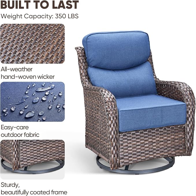 Swivel Patio Chairs sofa Set of 5 with 6" Thick Cushion - Wicker Outdoor Swivel Rocker Patio Chair with Side Table, High Back Comfortable Outdoor Glider Chairs - Brown Wicker | Blue Cushions