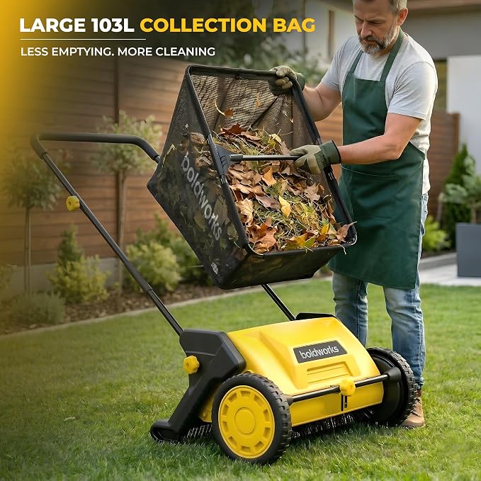 Push Lawn Sweeper 21" Walk Behind Leaf Collector for Lawn and Yard with 103L Hopper Bag Adjustable Height Grass & Leaf Picker for Lawn Cleanup