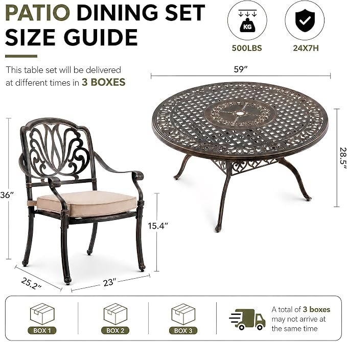 5 Piece Outdoor Dining Set Cast Aluminum, Retro Patio Dining Furniture Set for 4 Includes 54’’ Round Table 4 Chairs with Thicker Cushion and Umbrella Hole for Patio Deck Garden