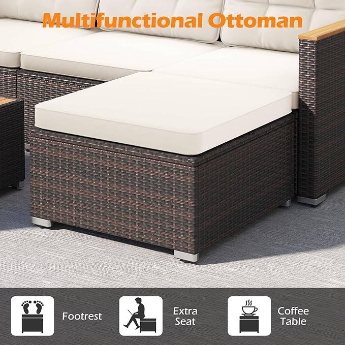 Tangkula 5 Pieces Outdoor Patio Furniture Set, L Shaped Rattan Cushioned Chairs & Coffee Table Set, Outdoor Sectional Conversation Sofa with Wood Armrests & Tabletop for Backyard, Porch, Balcony