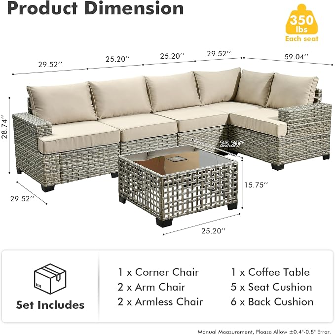 HOOOWOOO Sectional Patio Furniture Set with Solar Light Table,6 Pieces Wicker Outdoor Furniture L Shaped Couch,Outside Conversation Set with Extra Deep Seat Sofa Wide Arm,Beige