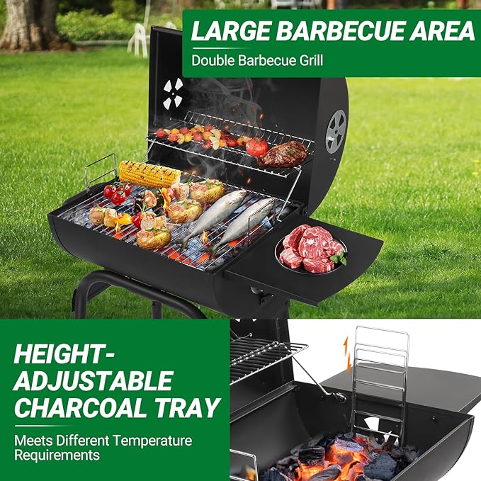 Outdoor BBQ Charcoal Grills,Heavy Duty Charcoal Grill,Metal Outdoor Barbecue Smoker,Portable Camping Barbecue Grills,with Side Table and Wheels,for Garden, Backyard, Patio, Picnics, Party (Black)