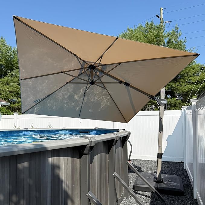 PURPLE LEAF 10' X 10' Left-right Tilting Patio Umbrella with Base Outdoor Swivel Cantilever Offset Aluminum Umbrella with Champagne Frame and 360-degree Rotation for Garden Deck Pool, Beige