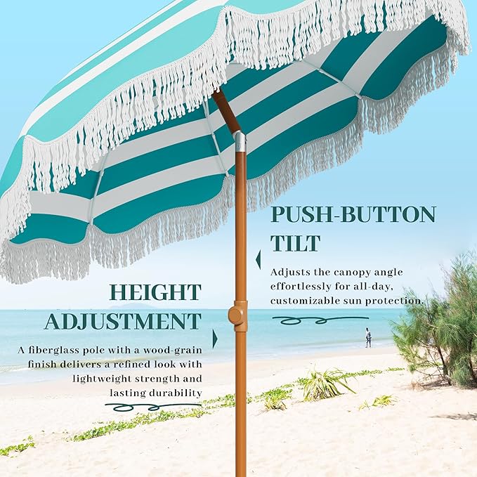 AreShark 7ft Patio Umbrella with Fringe, UPF50+ Beach Umbrella for Table, Pool & Garden, Portable Outdoor Tassels Umbrella w/Fiberglass Ribs&Push Bottom Tilt(Blue and White Stripe)