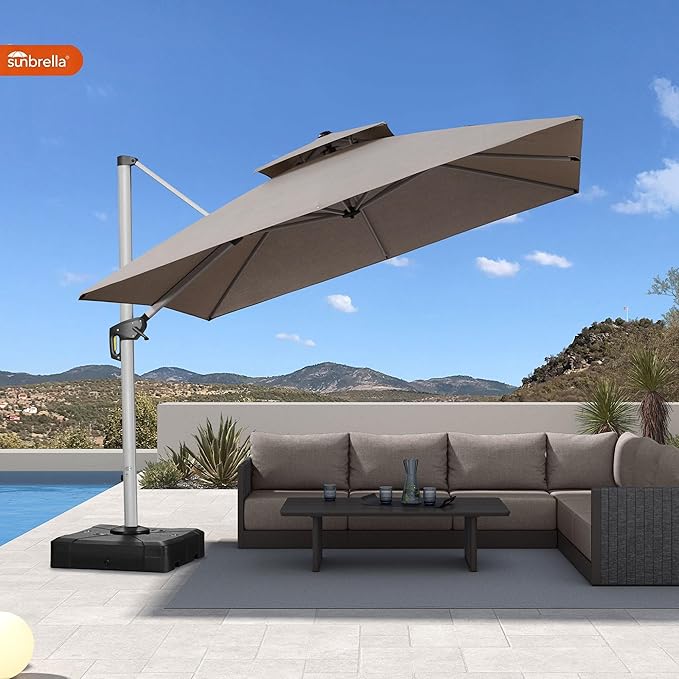 PURPLE LEAF 10ft Cantilever Outdoor Patio Umbrella Large Heavy Duty 360° Rotation Double Top Offset Rectangular Umbrellas for Backyard Deck Pool, Cast Ash