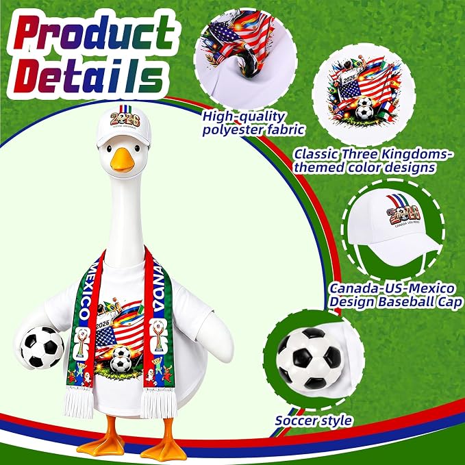 2026 World Soccer Goose Outfit for 23 Inch Porch Statue – Triple Nation Flag Design with Soccer Ball for American Fans, Soccer Party, Sport Season Decor – Outdoor Patio Yard Lawn Art